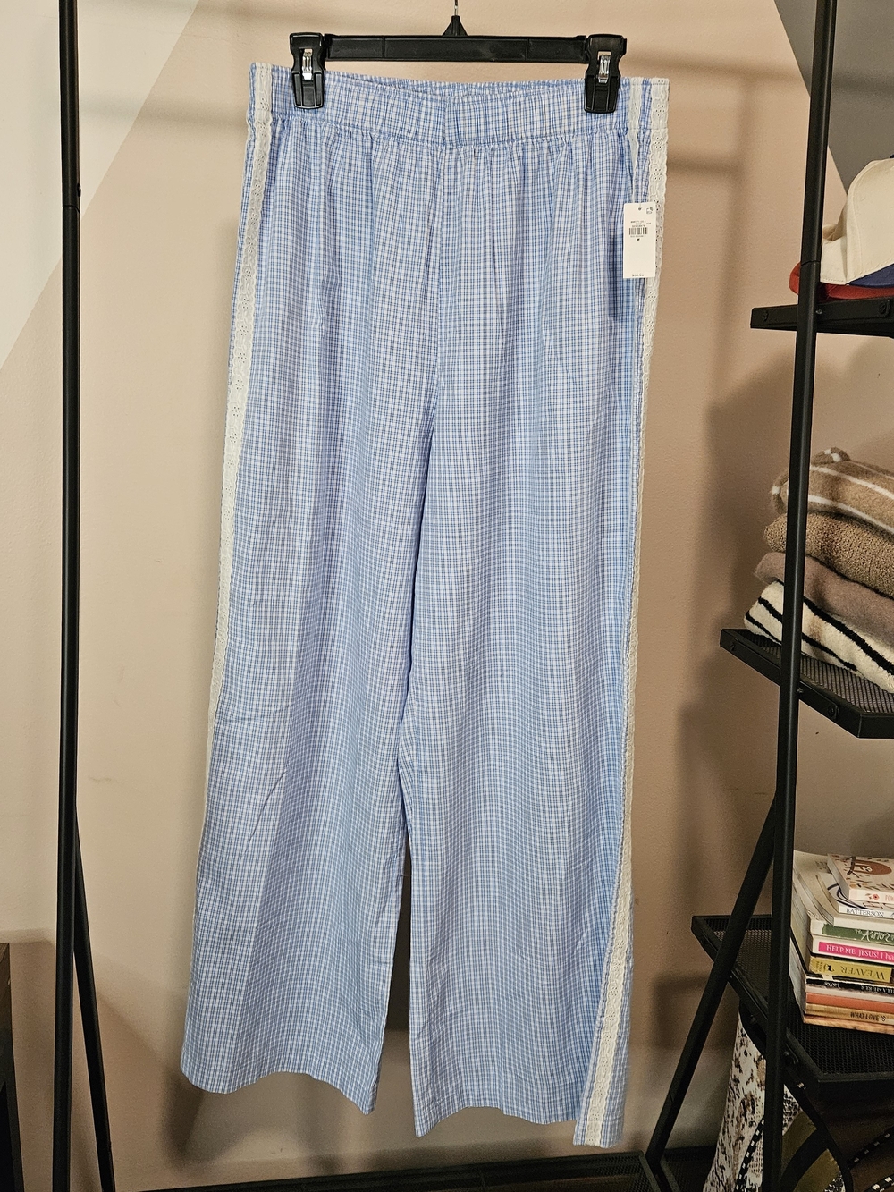 Old Navy Light Blue Gingham Wide-Leg Lounge Pants with White Side Trim, Size M